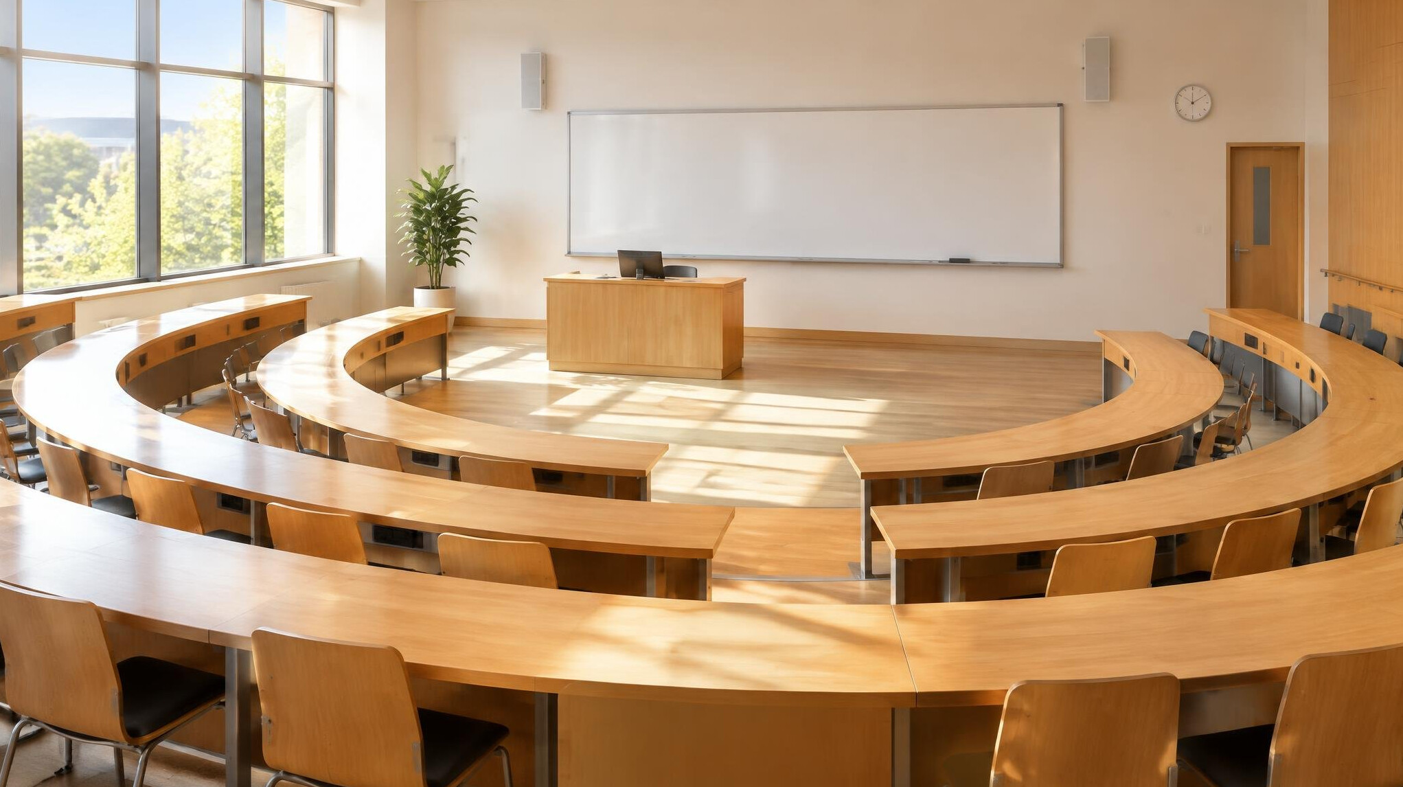Empty classroom with desks and a whiteboard